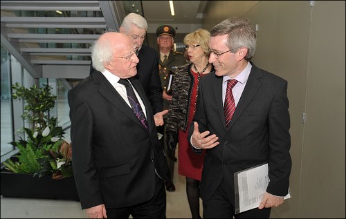Michael D Higgins talking to Tom Healy